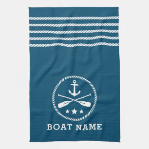 Nautical Anchor Oars Stars Boat Name Aqua Blue Tea Towel