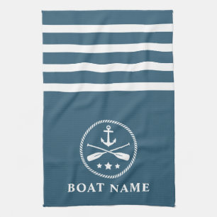 Nautical Anchor Oars Stars Boat Name Blue Gray Tea Towel
