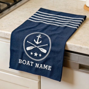 Nautical Anchor Oars Stars Boat Name Sea Blue Tea Towel