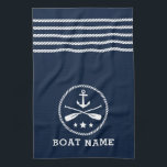 Nautical Anchor Oars Stars Boat Name Sea Blue Tea Towel<br><div class="desc">Custom Nautical Anchor with Oars - Paddle and Stars and Your Personalised Boat Name on a Stylish Sea Blue Kitchen Towel with Anchor-Rope Stripes.</div>