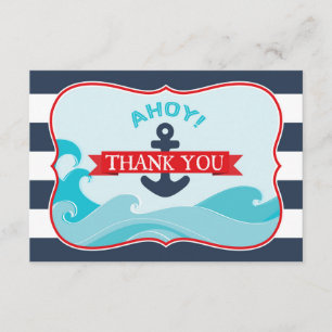 Nautical Anchor Ocean Waves Navy Stripe Thank You Card