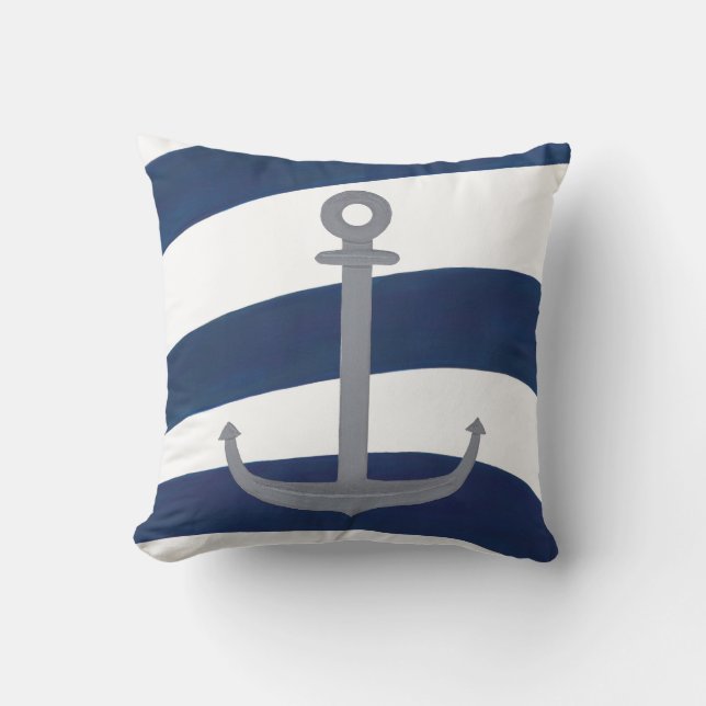 Nautical Anchor on Blue and White Wavy Stripes Cushion (Front)
