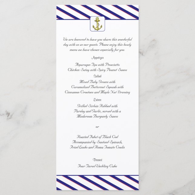 Nautical Anchor on Blue Stripe Wedding Menu (Front)