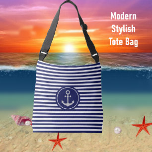 Nautical Anchor on Blue & White Striped Crossbody Bag