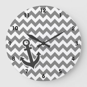Nautical Anchor on Dark Grey Chevron Large Clock