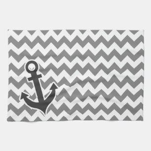 Nautical Anchor on Dark Grey Chevron Tea Towel