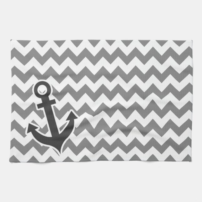 Nautical Anchor on Dark Grey Chevron Tea Towel (Horizontal)