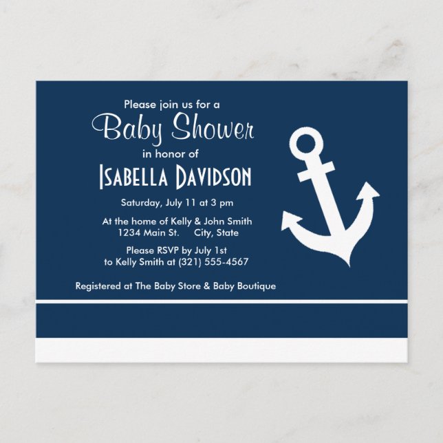 Nautical Anchor on Dark Midnight Blue Stripes Invitation Postcard (Front)