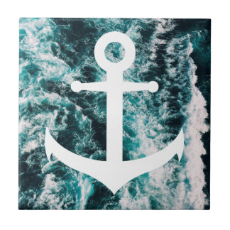Nautical anchor on ocean photo background ceramic tile