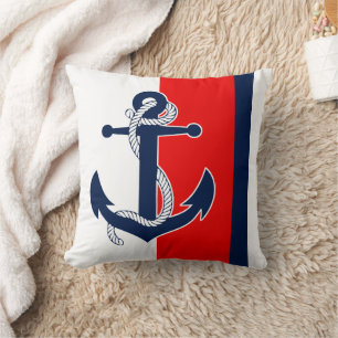 Nautical Anchor On Red White Blue Stripes Pattern Cushion