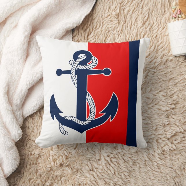 Nautical Anchor On Red White Blue Stripes Pattern Cushion (Blanket)