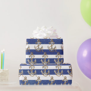 Nautical Anchor On Watercolor Stripes Wrapping Paper
