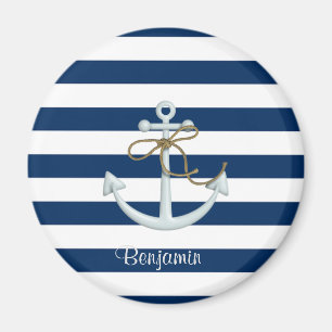 Nautical Anchor OnNavy Blue Stripes-Personalised Magnet