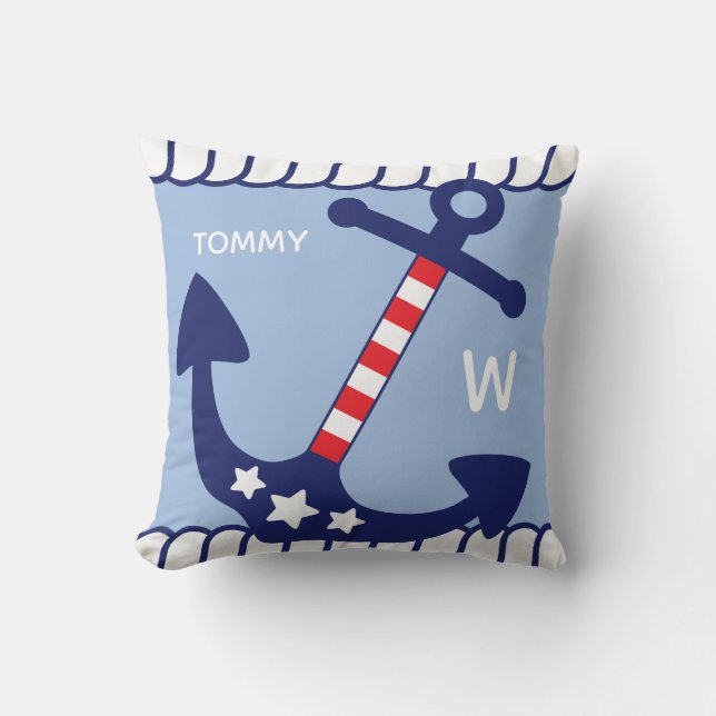 Nautical Anchor Patriotic Add Name & Monogram Cushion (Front)