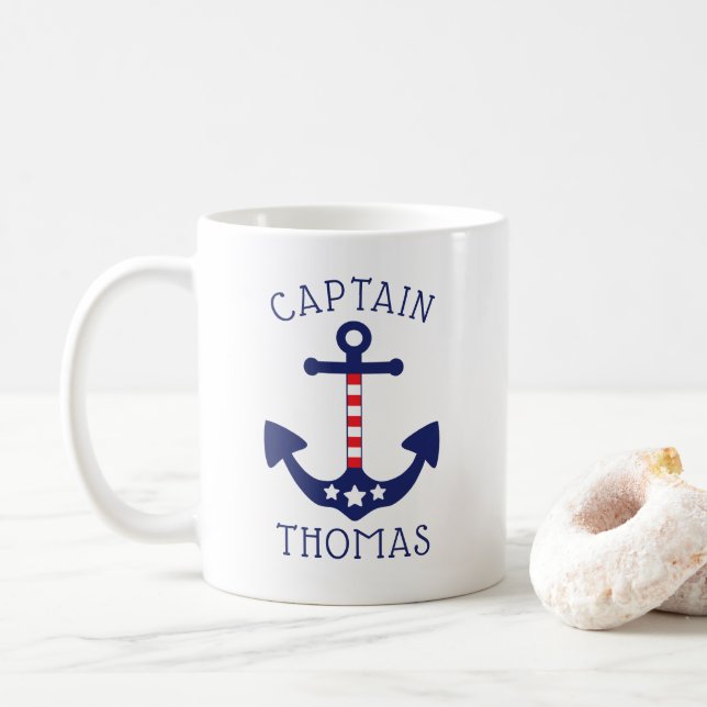 Nautical Anchor Patriotic Captain Add Name Coffee Mug (With Donut)