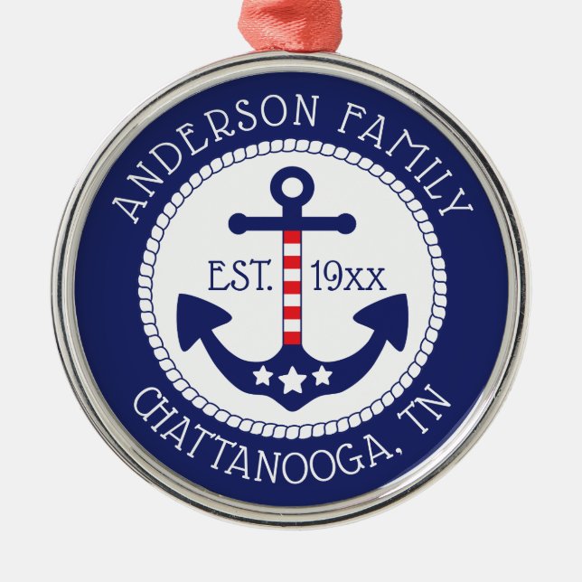 Nautical Anchor Patriotic Family Name Metal Ornament (Front)