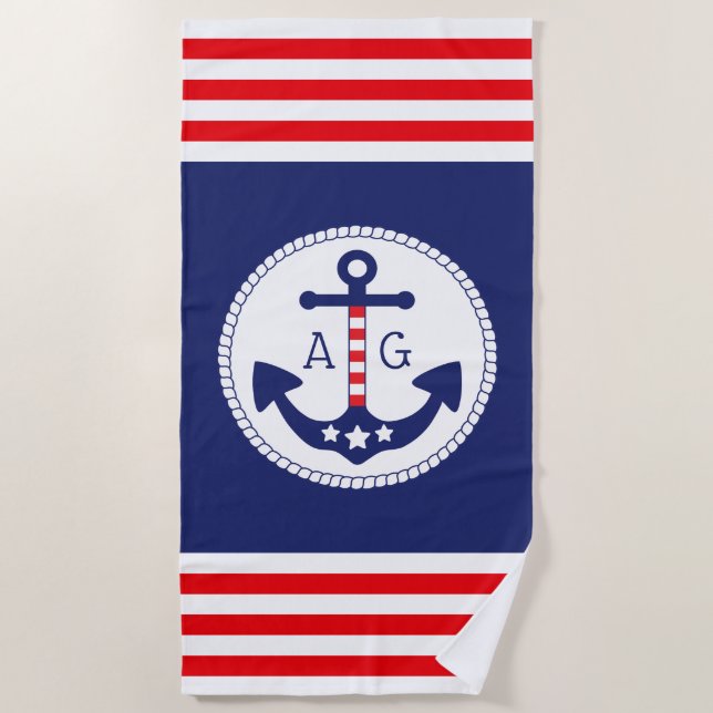 Nautical Anchor Patriotic Stars & Stripes Monogram Beach Towel (Front)