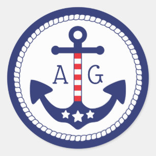 Nautical Anchor Patriotic Stars & Stripes Monogram Classic Round Sticker