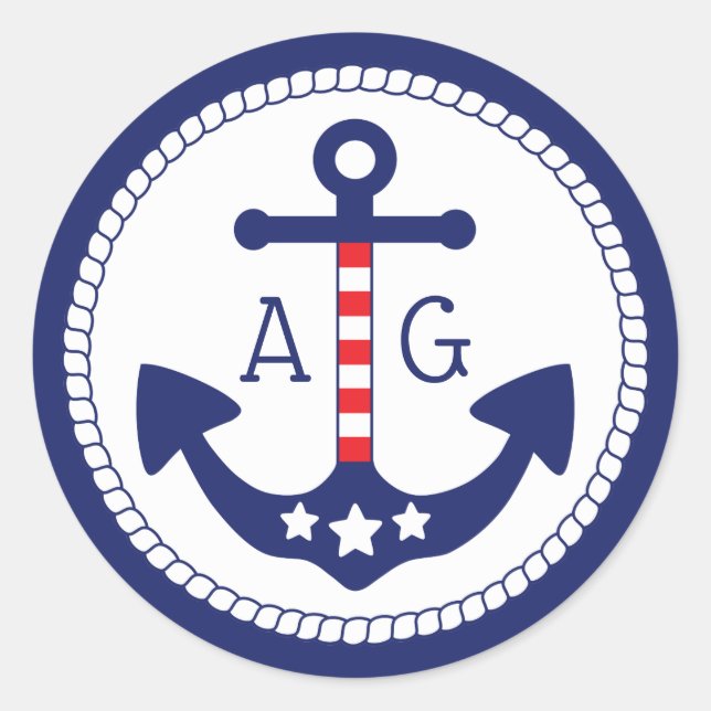 Nautical Anchor Patriotic Stars & Stripes Monogram Classic Round Sticker (Front)