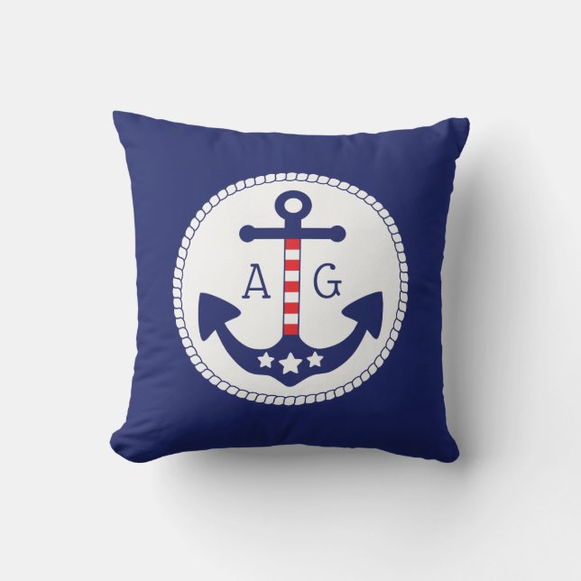 Nautical Anchor Patriotic Stars & Stripes Monogram Cushion (Front)