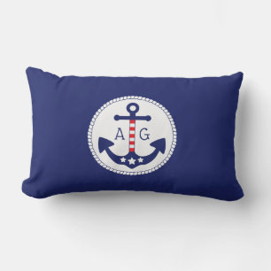 Nautical Anchor Patriotic Stars & Stripes Monogram Lumbar Cushion