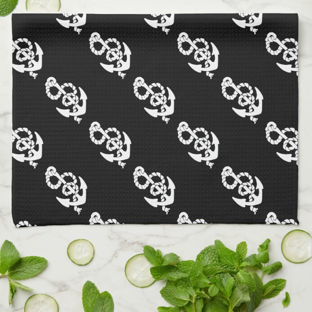 Nautical Anchor Pattern Black or Any Colour Tea Towel (Folded)