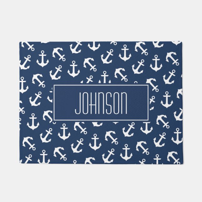 Nautical Anchor Pattern Navy Blue Custom Doormat (Front)