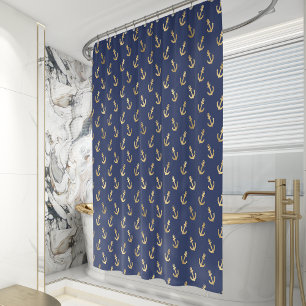 Nautical Anchor Pattern Navy Blue Gold Shower Curtain