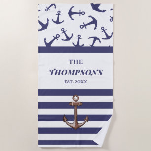 Nautical Anchor Pattern Navy Stripes Family Name Beach Towel