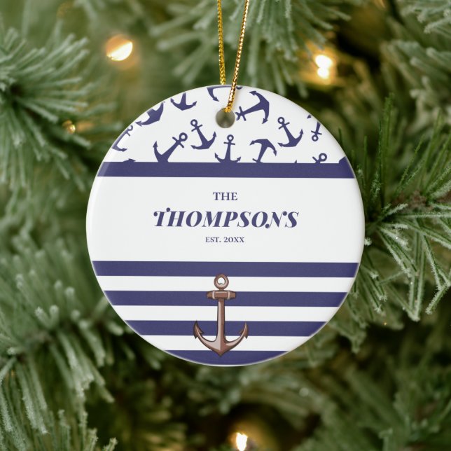 Nautical Anchor Pattern Navy Stripes Family Name Ceramic Ornament (Tree)