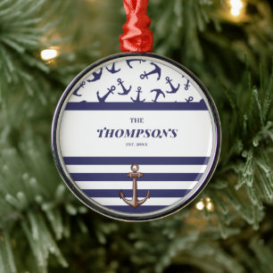 Nautical Anchor Pattern Navy Stripes Family Name Metal Ornament