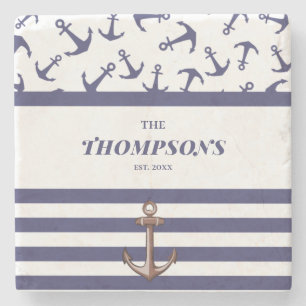 Nautical Anchor Pattern Navy Stripes Family Name Stone Coaster