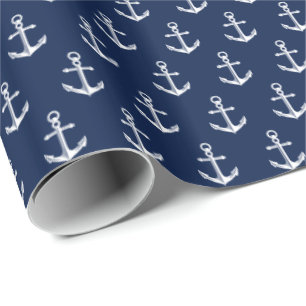 Nautical Anchor Pattern Navy White Wrapping Paper