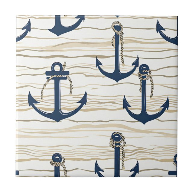 Nautical Anchor Pattern on Driftwood (1) Ceramic Tile (Front)