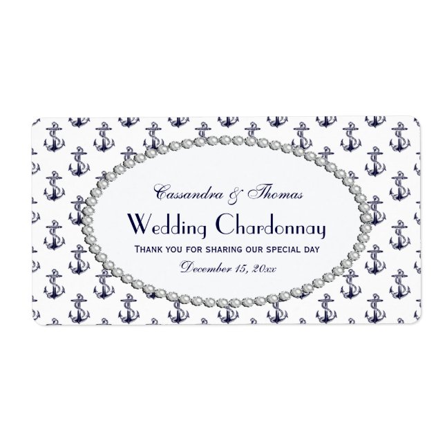 Nautical Anchor Pattern Pearl 2H Wine Bottle Label (Front)