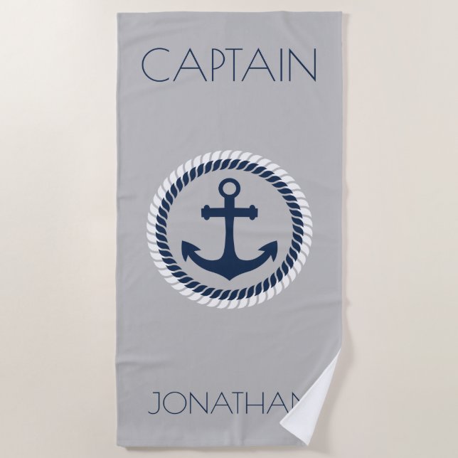 Nautical Anchor Personalised Captain Beach Towel (Front)