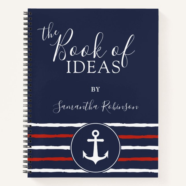 Nautical Anchor Personalised Red White Navy Blue Notebook (Front)