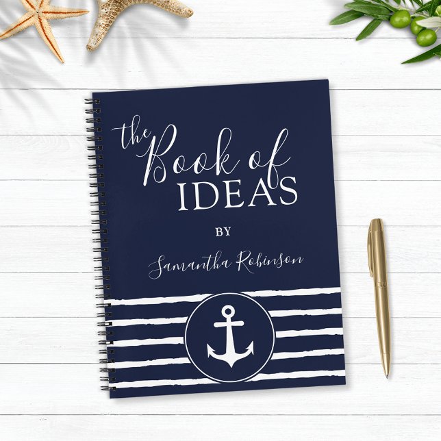 Nautical Anchor Personalised White Navy Blue Notebook (Personalized  Navy Blue Nautical Notebook with Anchor and Stripes)