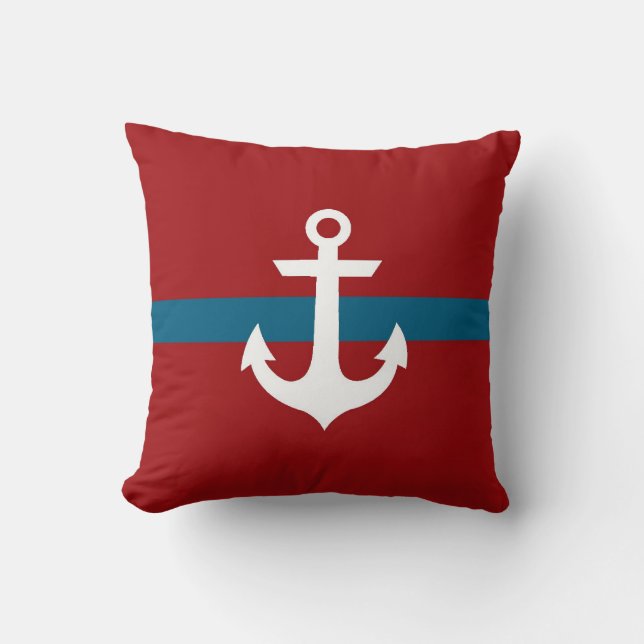 Nautical Anchor Pillow - Burgundy & Navy Blue (Front)