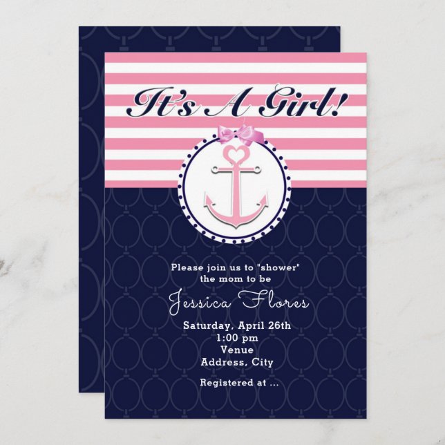 Nautical Anchor Pink & Blue Baby Shower Invitation (Front/Back)