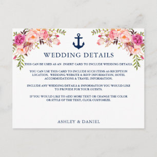 Nautical Anchor Pink Floral Wedding Details Card