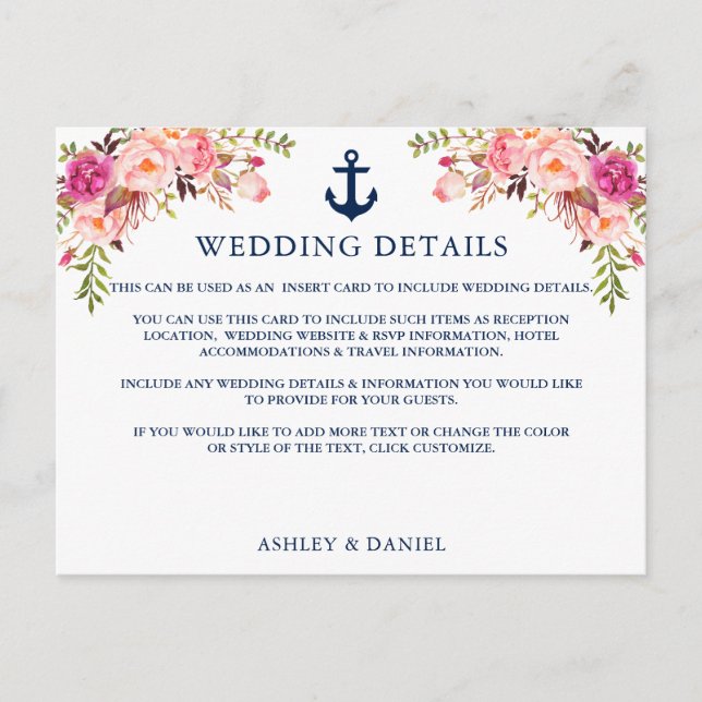 Nautical Anchor Pink Floral Wedding Details Card (Front)