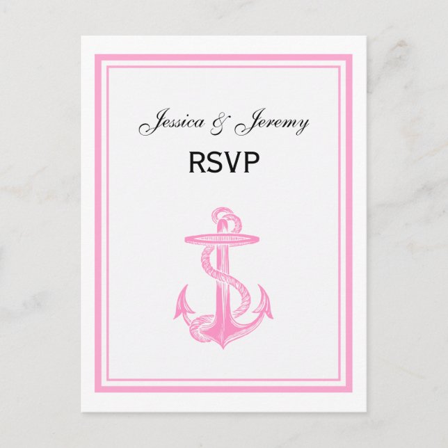 Nautical Anchor Pink Framed 2 RSVP 1 Invitation Postcard (Front)