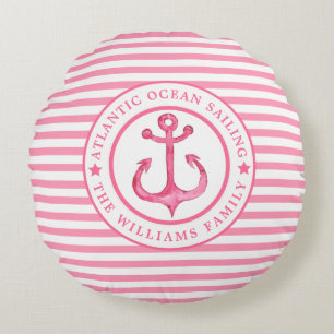 Nautical Anchor Pink Striped Personalised Pillow