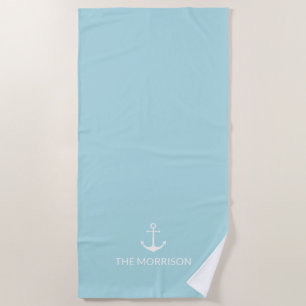 Nautical anchor powder blue white custom boat name beach towel