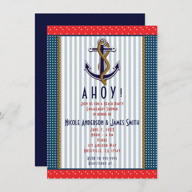 Nautical Anchor Red Polka Dots White Blue Party Invitation (Front/Back)