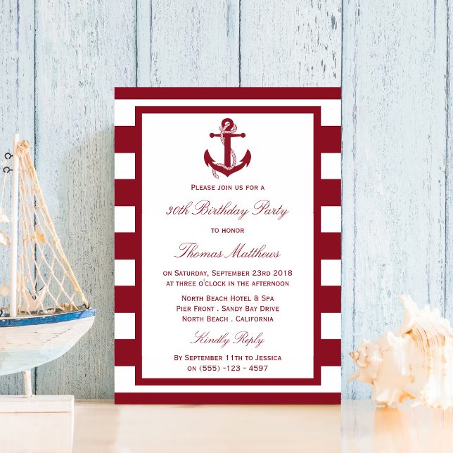 Nautical Anchor Red Stripes Beach Birthday Invitation (Creator Uploaded)