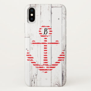 Nautical Anchor Red Stripes White Wood iPhone X Case