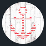 Nautical Anchor Red Stripes White Wood Party Classic Round Sticker<br><div class="desc">Matching items available.</div>