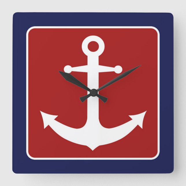 Nautical Anchor - Red White and Blue Square Wall Clock (Front)